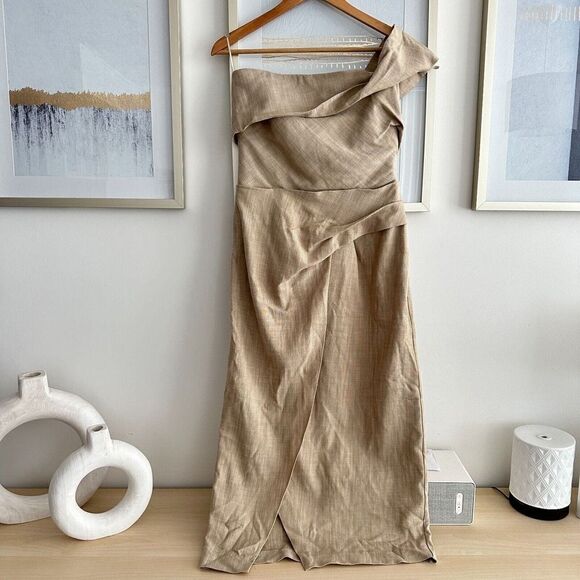 Zara Midi Slip Dress Womens Small Asymmetrical Taupe Neutral Sheath 3265/332 - Picture 3 of 8
